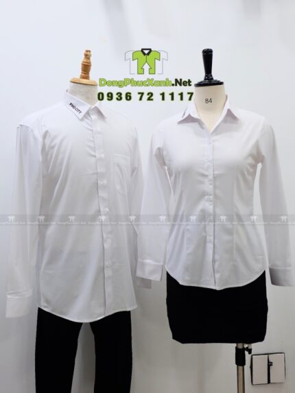 Áo sơ mi đồng phục phục vụ PHO CITY thêu logo trên cổ áo