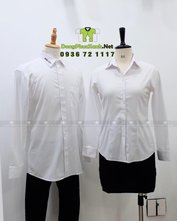 Áo sơ mi đồng phục phục vụ PHO CITY thêu logo trên cổ áo