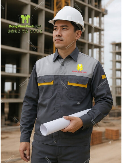 Đồng phục công nhân kỹ thuật Hoàng Thịnh Phát xám phối vàng