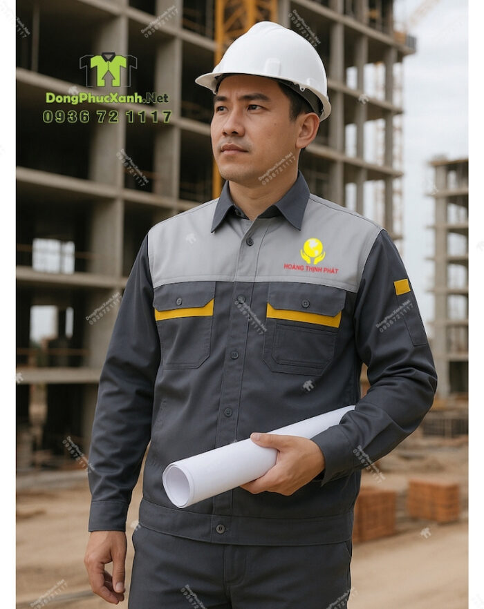 Đồng phục công nhân kỹ thuật Hoàng Thịnh Phát xám phối vàng