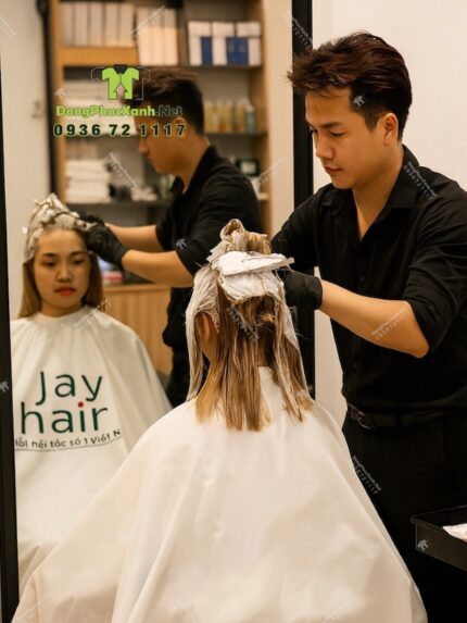 Áo choàng cắt tóc Jay Hair màu trắng in logo thương hiệu