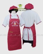 Tạp dề màu đỏ đô Huỳnh Giàu dáng dài in logo kèm nón