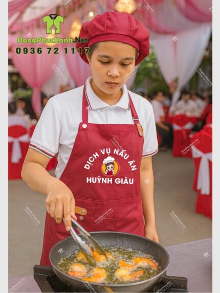 Tạp dề màu đỏ đô Huỳnh Giàu dáng dài in logo kèm nón