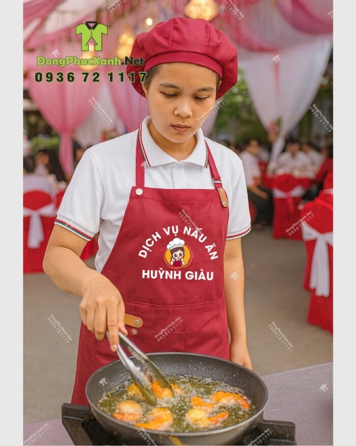 Tạp dề màu đỏ đô Huỳnh Giàu dáng dài in logo kèm nón