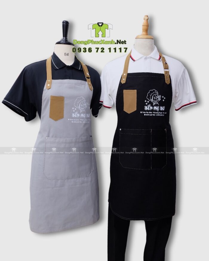 Tạp dề nhân viên Bếp Mẹ Bơ màu đen và kem có túi