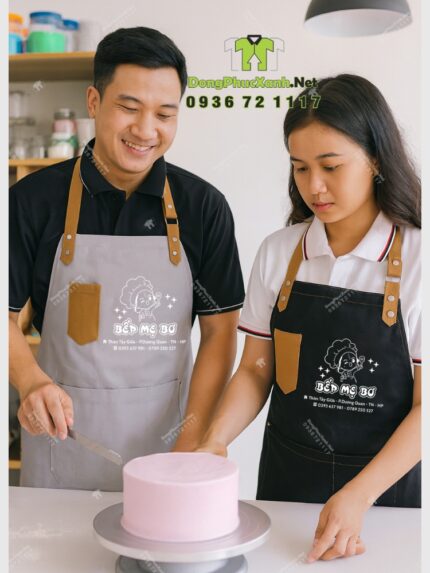 Tạp dề nhân viên Bếp Mẹ Bơ màu đen và kem có túi