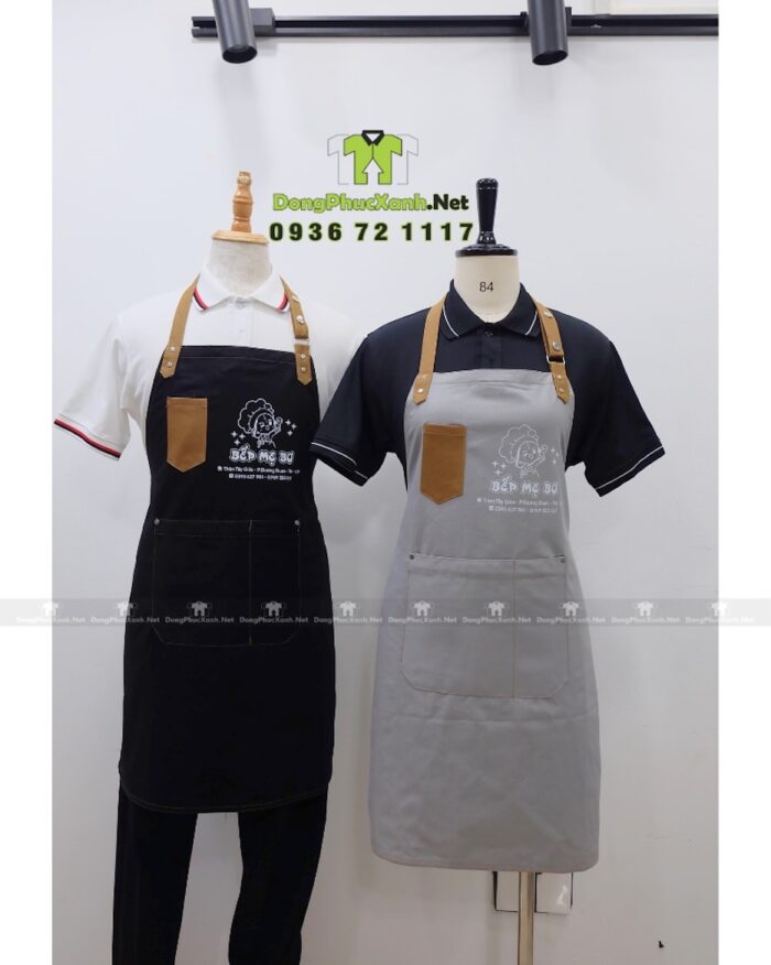 Tạp dề nhân viên Bếp Mẹ Bơ màu đen và kem có túi