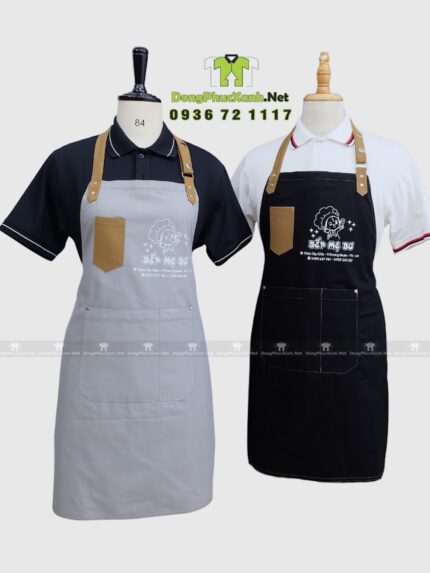 Tạp dề nhân viên Bếp Mẹ Bơ màu đen và kem có túi