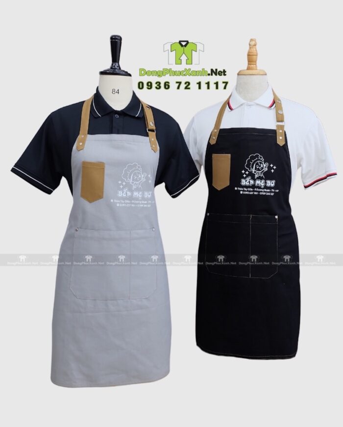 Tạp dề nhân viên Bếp Mẹ Bơ màu đen và kem có túi