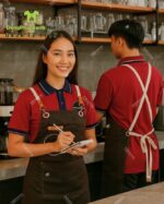 Tạp dề nhân viên Gia Huy Coffee màu nâu phối da in logo.