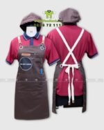 Tạp dề nhân viên Gia Huy Coffee màu nâu phối da in logo.