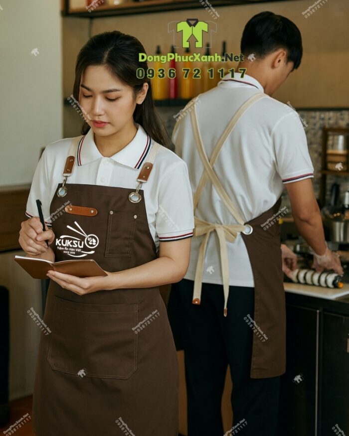 Tạp dề nhân viên quán ăn Kuksu màu nâu dáng dài in logo
