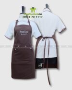 Tạp dề tiệm nail Halo Nails màu nâu in logo thương hiệu