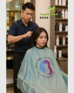 Áo choàng tóc đồng phục Beautique Salon Plus vải dù chống thấm màu xám