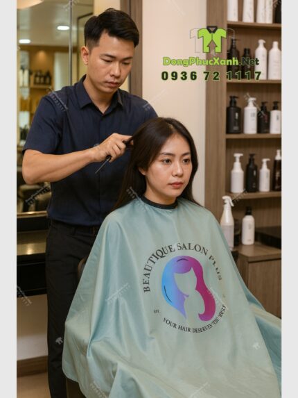 Áo choàng tóc đồng phục Beautique Salon Plus vải dù chống thấm màu xám