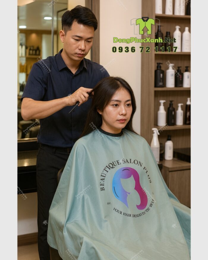 Áo choàng tóc đồng phục Beautique Salon Plus vải dù chống thấm màu xám