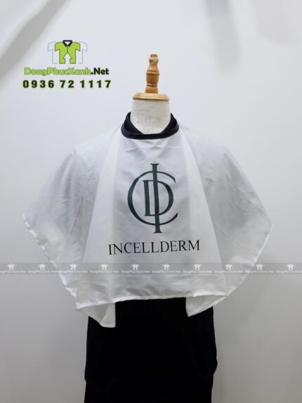 Áo choàng nhuộm tóc Incellderm vải dù màu trắng in logo