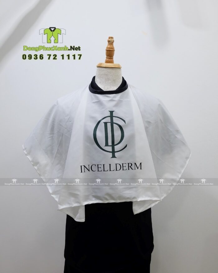 Áo choàng nhuộm tóc Incellderm vải dù màu trắng in logo