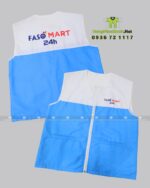 Áo gile nhân viên bán hàng Faso Mart màu xanh trắng vải dù chéo