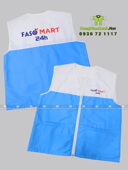 Áo gile nhân viên bán hàng Faso Mart màu xanh trắng vải dù chéo