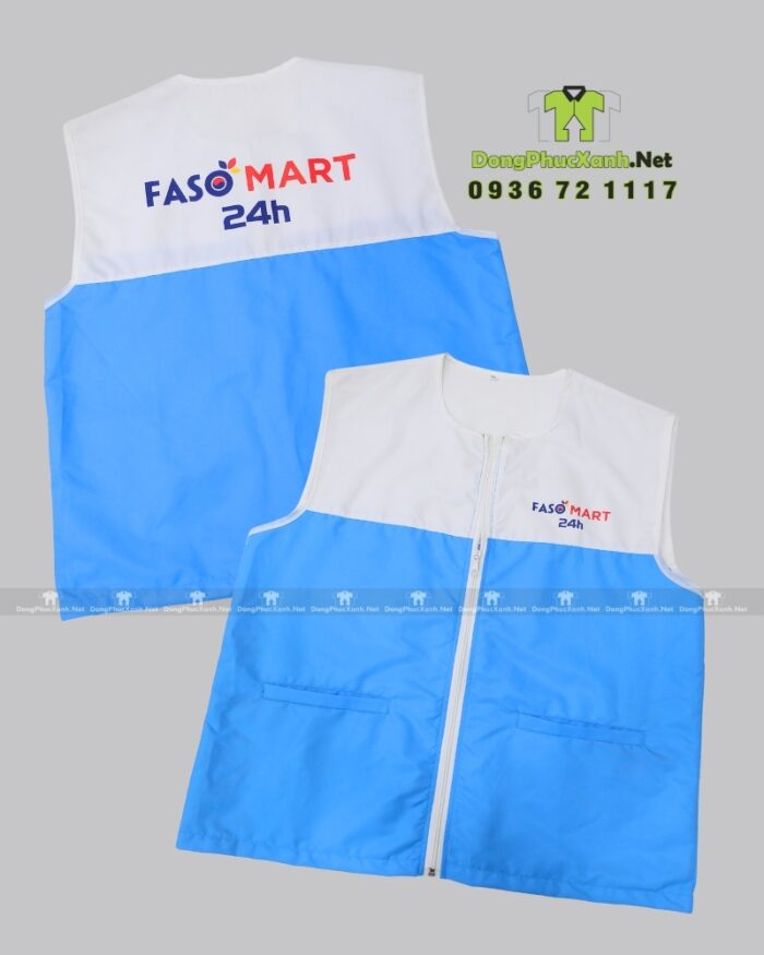 Áo gile nhân viên bán hàng Faso Mart màu xanh trắng vải dù chéo
