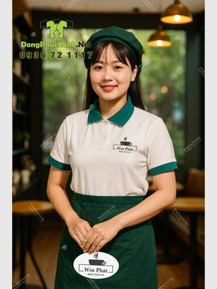 Đồng phục nhân viên quán cà phê Win Phát gồm áo polo, tạp dề ngắn và nón
