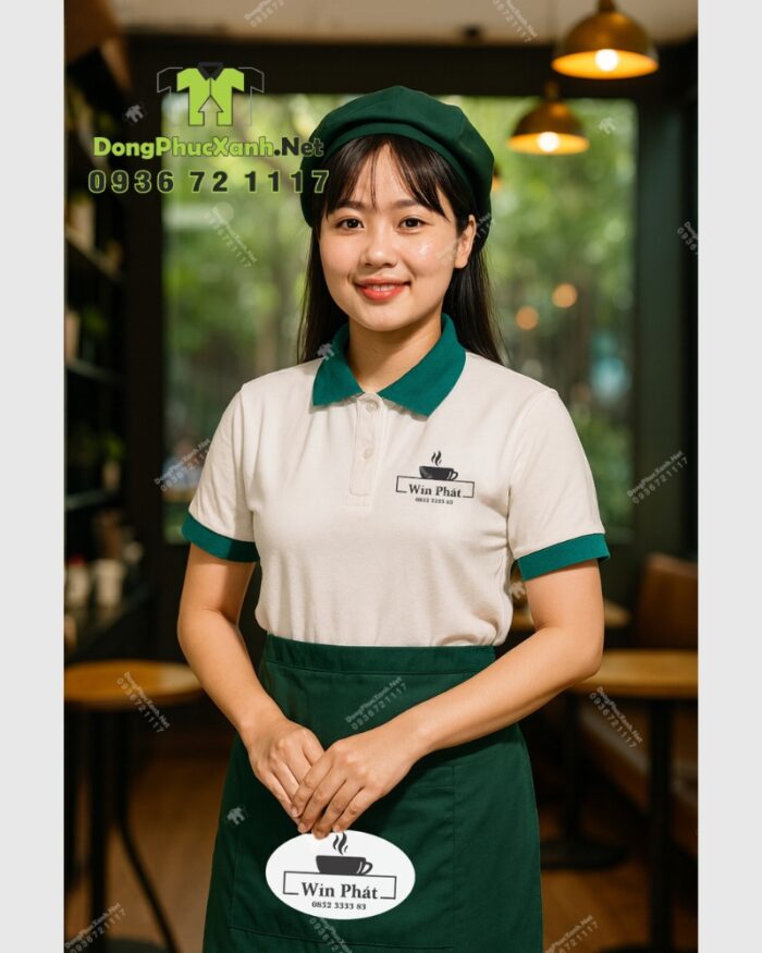 Đồng phục nhân viên quán cà phê Win Phát gồm áo polo, tạp dề ngắn và nón