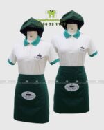 Đồng phục nhân viên quán cà phê Win Phát gồm áo polo, tạp dề ngắn và nón