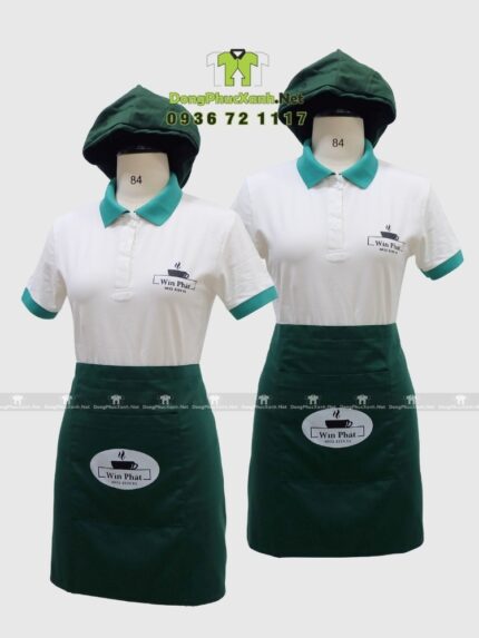Đồng phục nhân viên quán cà phê Win Phát gồm áo polo, tạp dề ngắn và nón