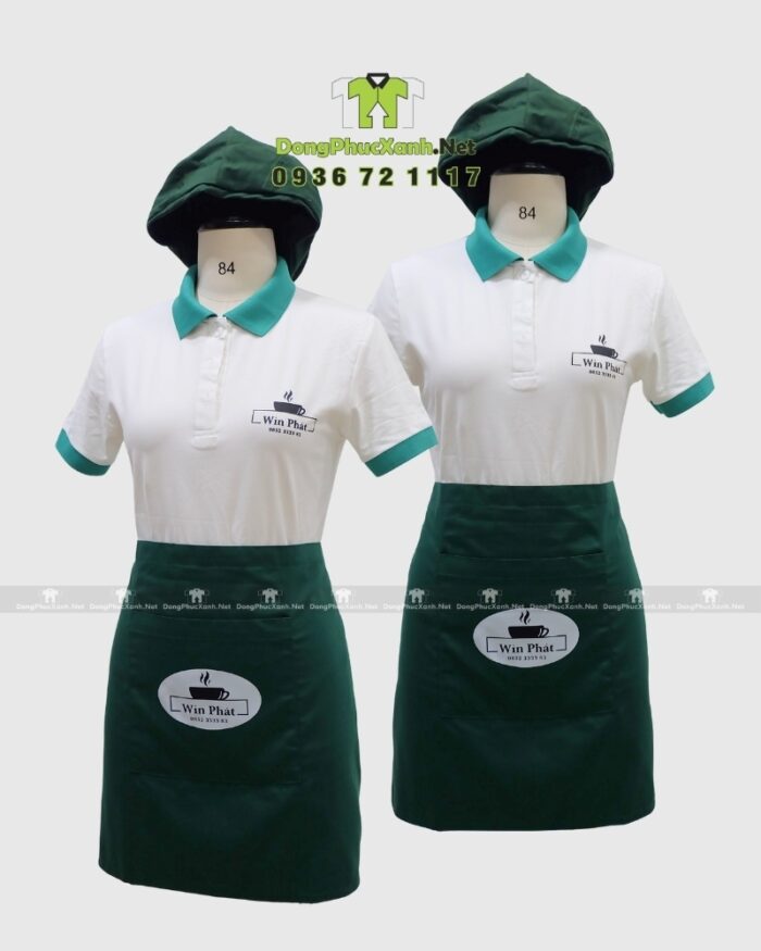 Đồng phục nhân viên quán cà phê Win Phát gồm áo polo, tạp dề ngắn và nón