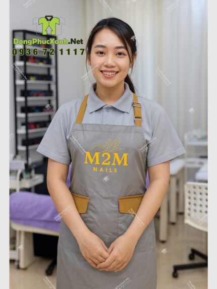 Tạp dề nail chống bám M2M kết hợp áo đồng phục nail vải poly cao cấp