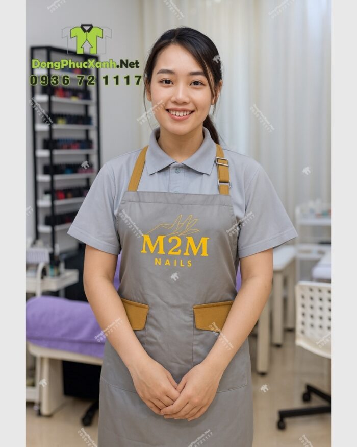 Tạp dề nail chống bám M2M kết hợp áo đồng phục nail vải poly cao cấp