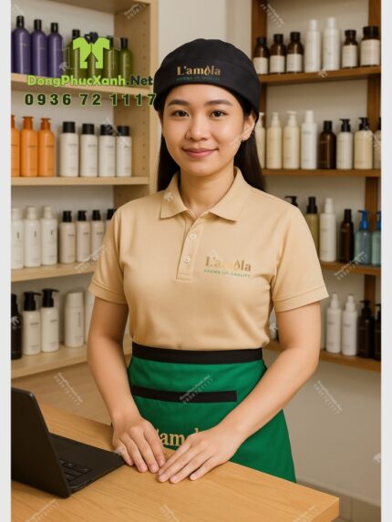 Áo thun đồng phục L’amela kết hợp tạp dề đồng phục và mũ nón đồng phục