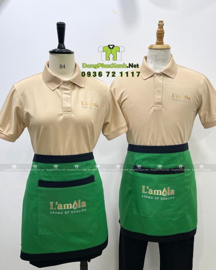 Áo thun đồng phục L’amela kết hợp tạp dề đồng phục và mũ nón đồng phục