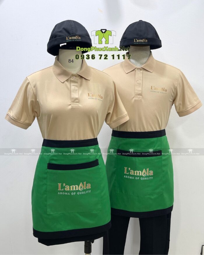 Áo thun đồng phục L’amela kết hợp tạp dề đồng phục và mũ nón đồng phục