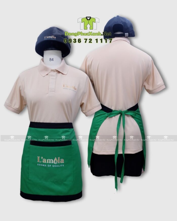 Áo thun đồng phục L’amela kết hợp tạp dề đồng phục và mũ nón đồng phục