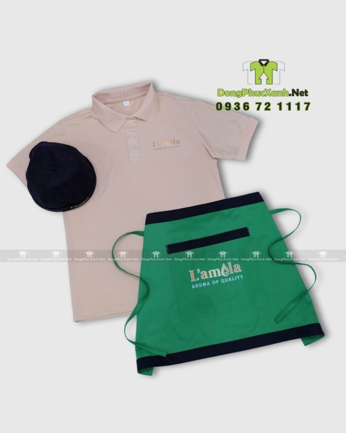 Áo thun đồng phục L’amela kết hợp tạp dề đồng phục và mũ nón đồng phục