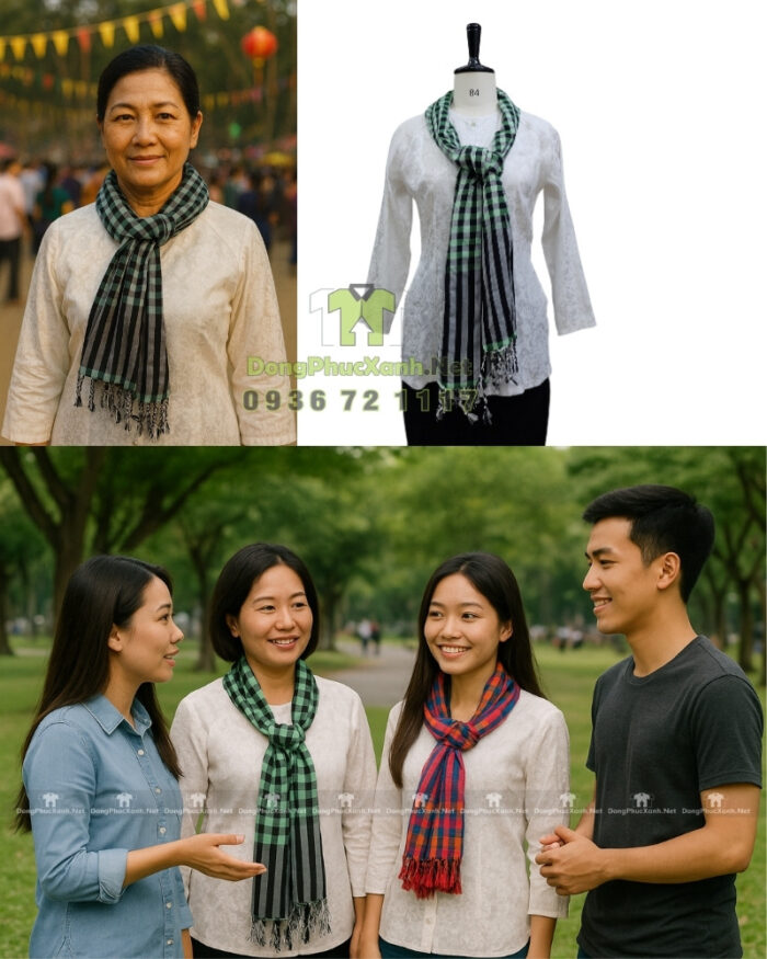 Khăn rằn Nam Bộ màu xanh lá, vải cotton mềm, kích thước 160×60cm giá rẻ