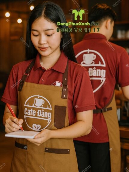 Đồng phục nhân viên pha chế Cafe Đắng gồm áo polo đỏ đô và tạp dề thiết kế hiện đại