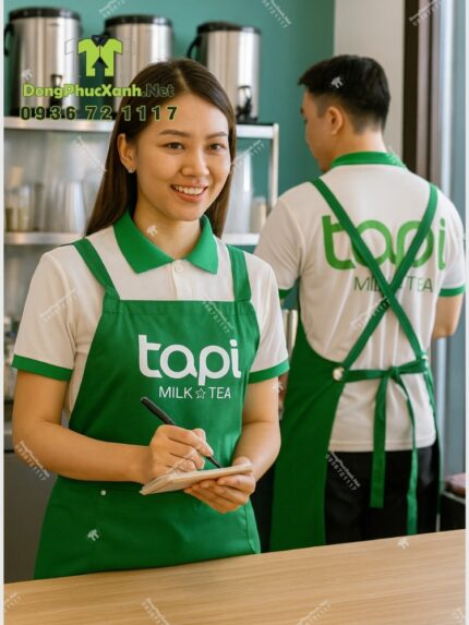 Đồng phục nhân viên quán Tapi Milktea gồm áo thun, tạp dề quán trà sữa và nón