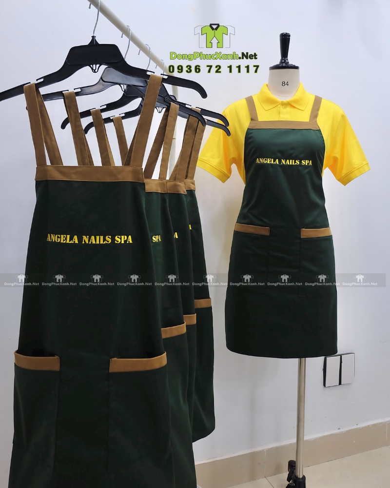 May tạp dề đồng phục cho Angle Nail Spa sang trọng, in logo thương hiệu, thiết kế đẹp phù hợp nhân viên spa