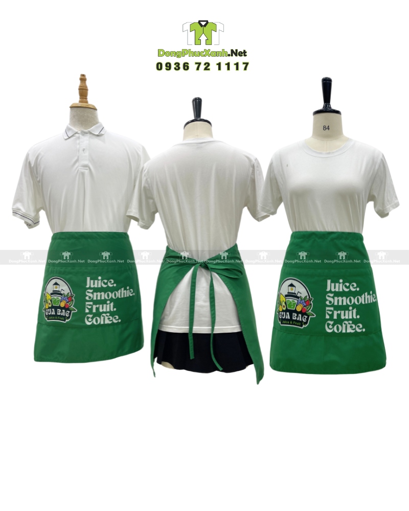 Tạp dề đồng phục màu xanh dáng ngắn cho CuaBag, thiết kế gọn nhẹ, chất liệu thoáng mát, mang lại sự tiện lợi và thoải mái cho nhân viên