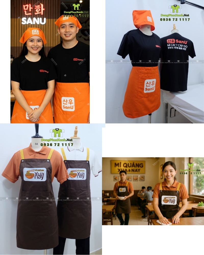 Nhân viên quán ăn phục vụ trong tạp dề đồng phục kiểu dáng ngắn, dài phù hợp nhân viên nam nữ