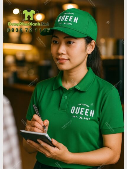 Nón đồng phục cafe The Coffee Queen màu xanh lá thêu logo