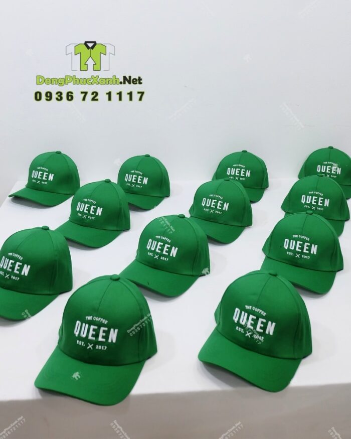 Nón đồng phục cafe The Coffee Queen màu xanh lá thêu logo