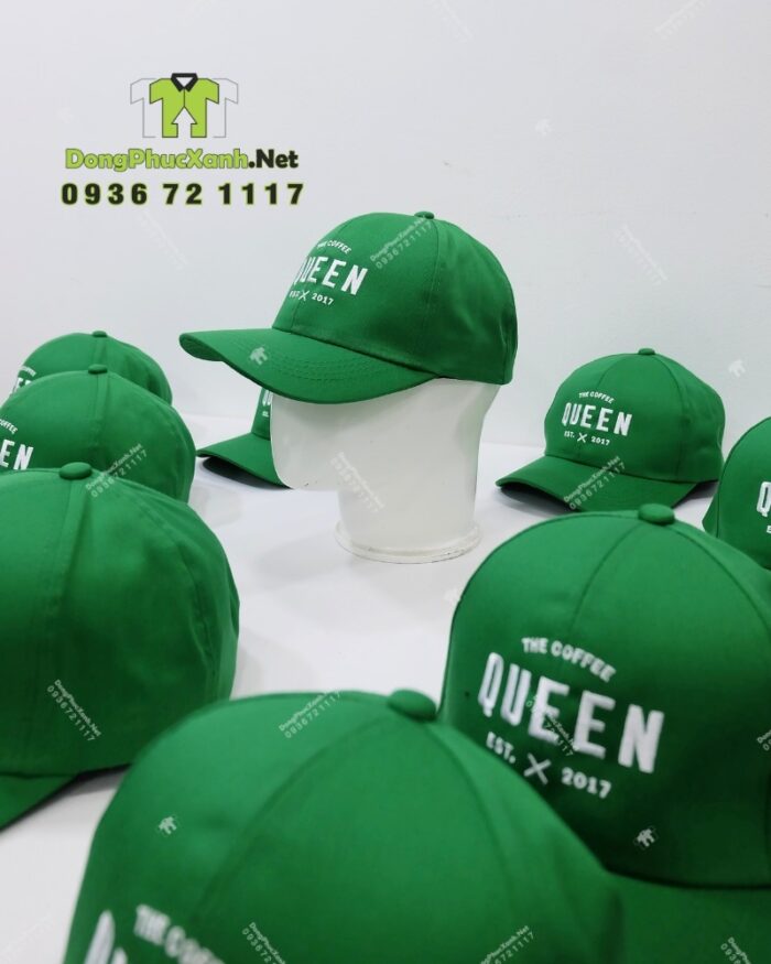 Nón đồng phục cafe The Coffee Queen màu xanh lá thêu logo
