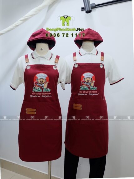 Tạp dề đồng phục quán ăn màu đỏ đô phối da cao cấp
