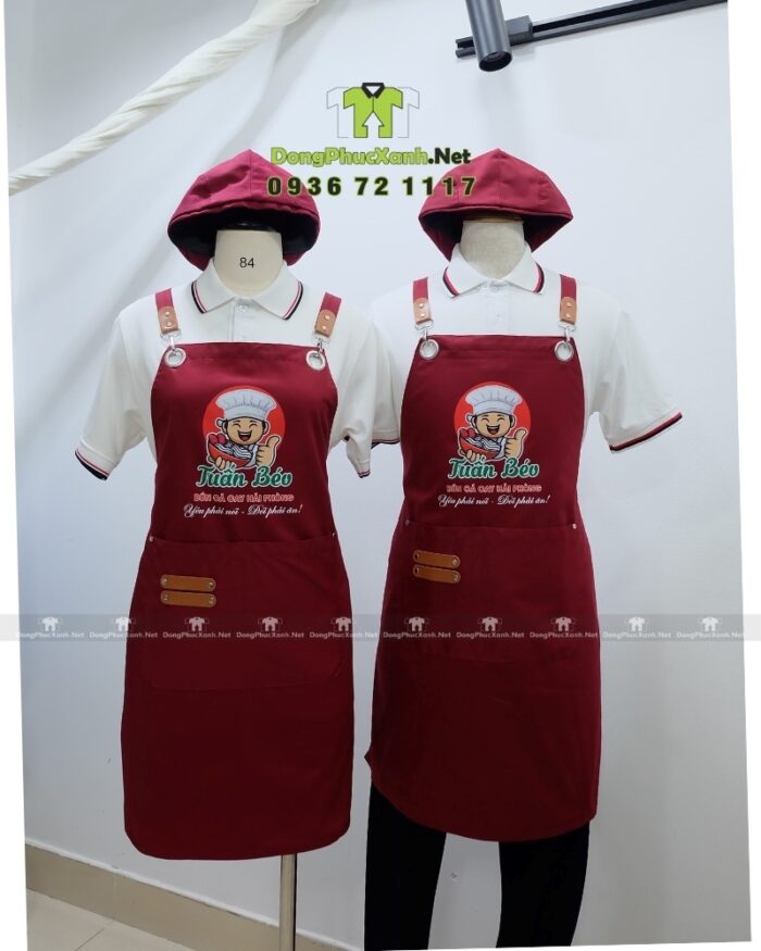 Tạp dề đồng phục quán ăn màu đỏ đô phối da cao cấp