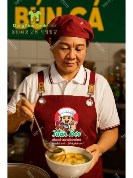 Tạp dề đồng phục quán ăn màu đỏ đô phối da cao cấp