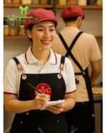 Tạp dề đồng phục màu đen 180C Bakery phối da chất liệu kaki cotton